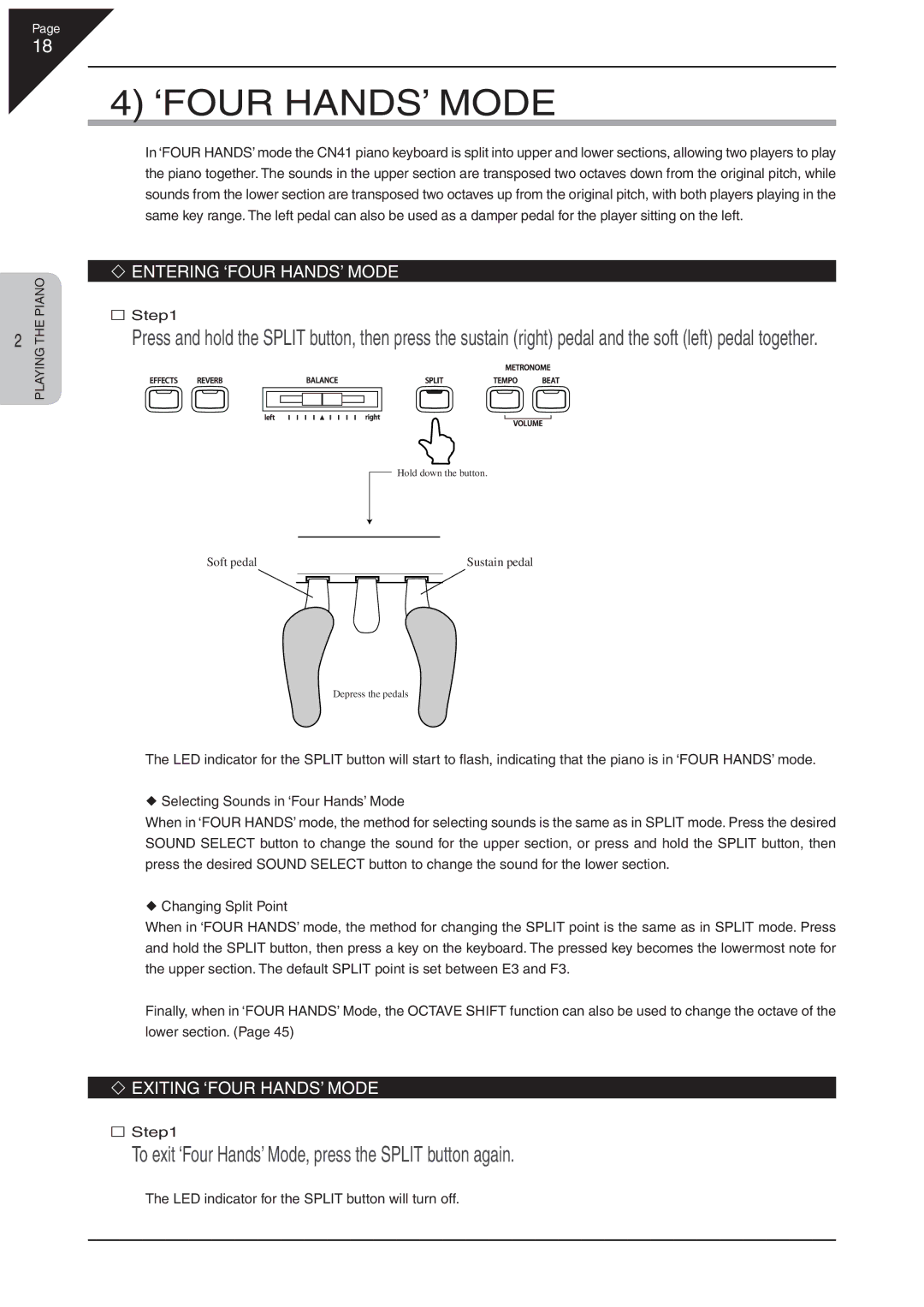 Kawai CN41 manual To exit ‘Four Hands’ Mode, press the Split button again, Entering ‘FOUR HANDS’ Mode 