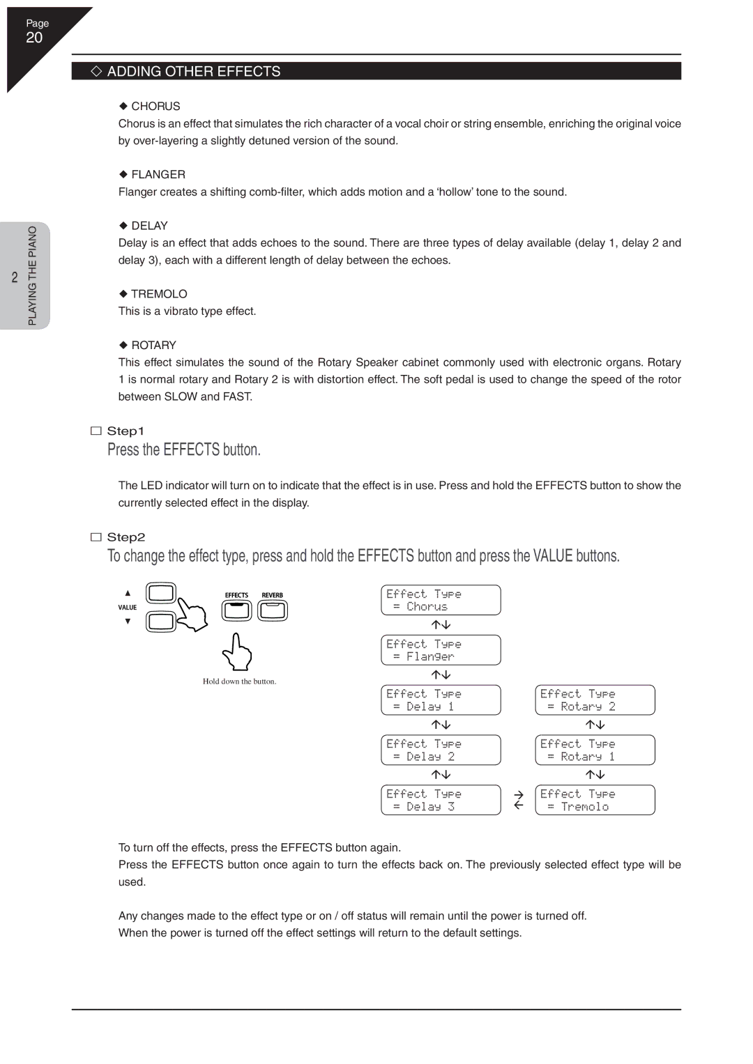 Kawai CN41 manual Press the Effects button, Adding Other Effects 