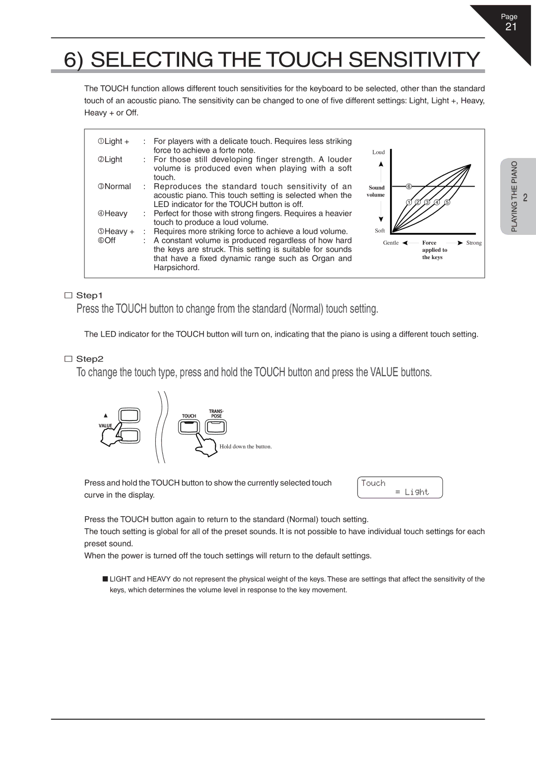 Kawai CN41 manual Selecting the Touch Sensitivity 