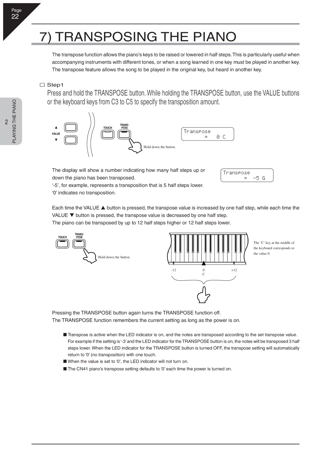 Kawai CN41 manual Transposing the Piano 