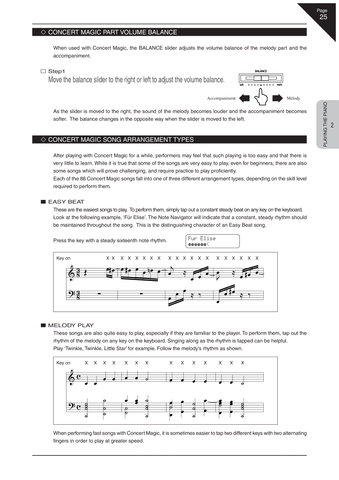 Kawai CN41 manual Concert Magic Part Volume Balance, Concert Magic Song Arrangement Types, Easy Beat, Melody Play 