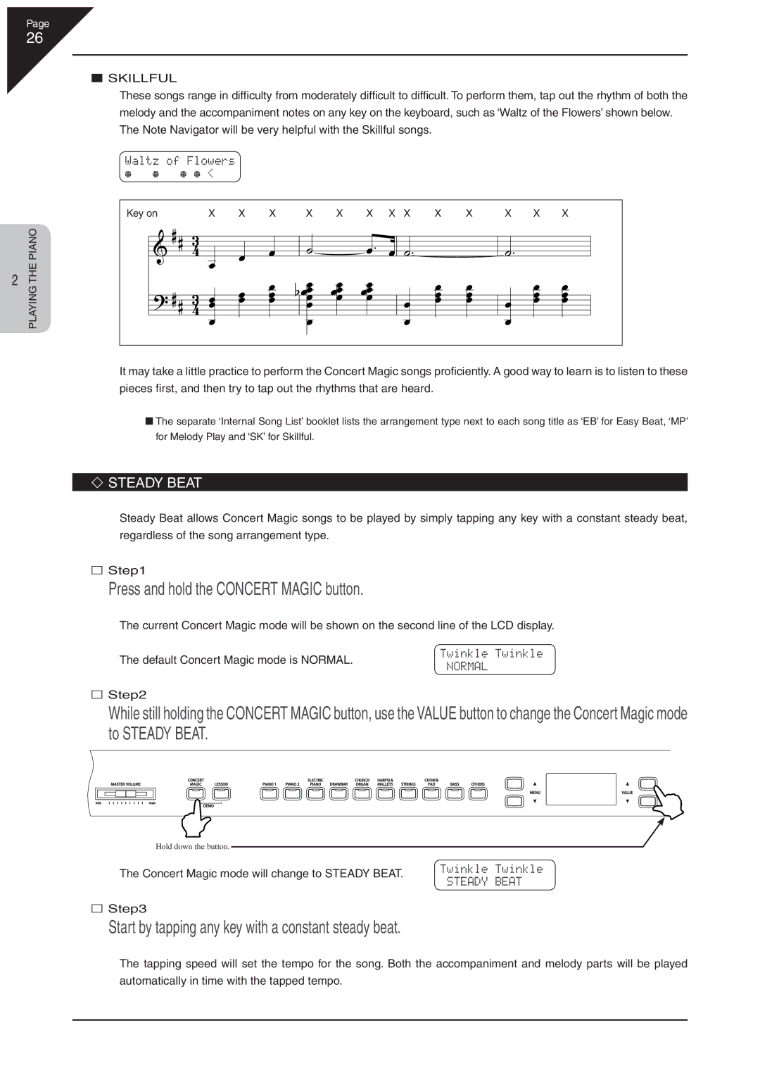 Kawai CN41 Press and hold the Concert Magic button, Start by tapping any key with a constant steady beat, Steady Beat 