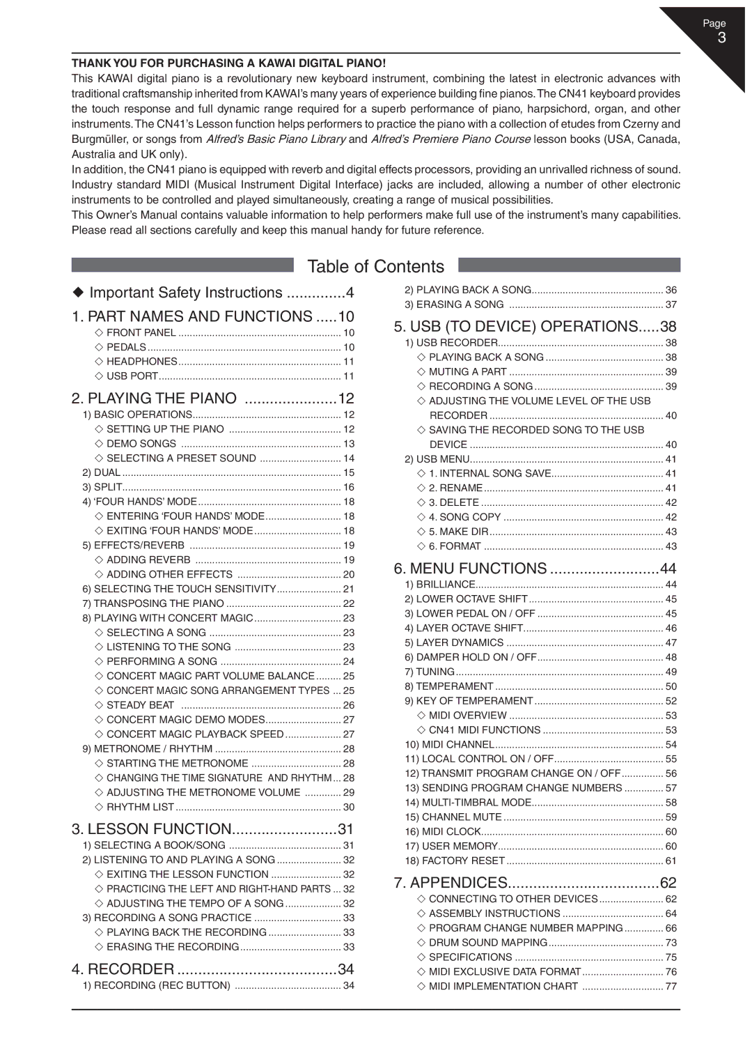 Kawai CN41 manual Table of Contents 