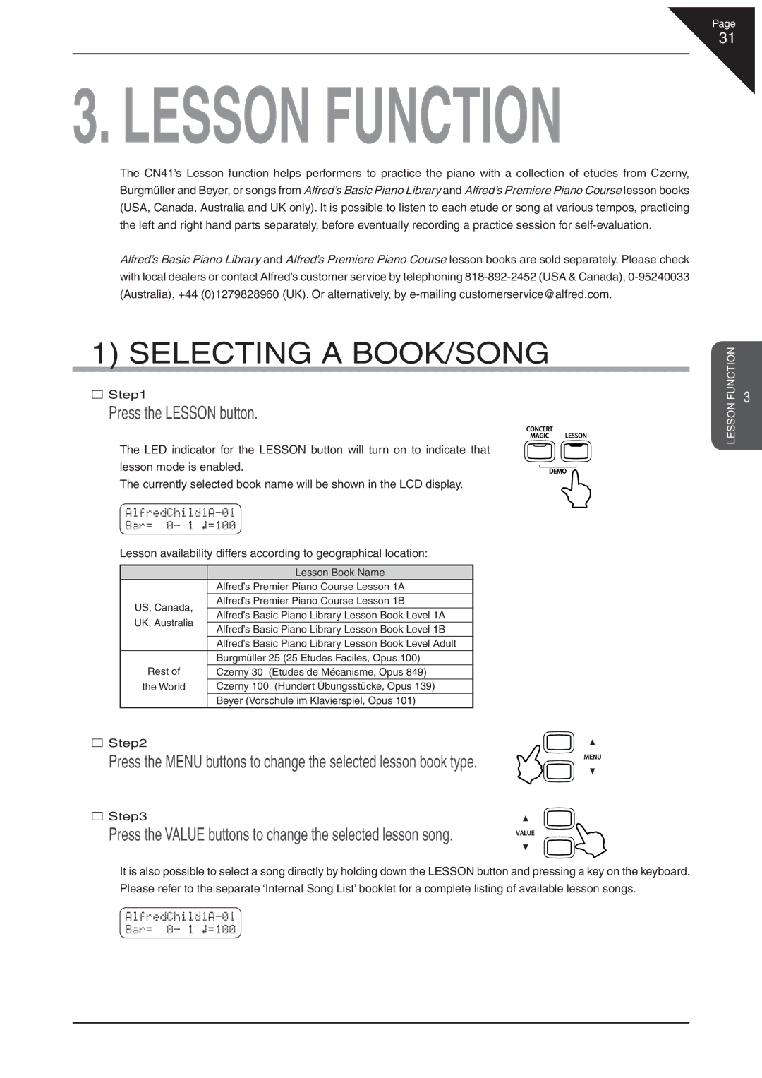 Kawai CN41 manual Selecting a BOOK/SONG, Press the Lesson button 