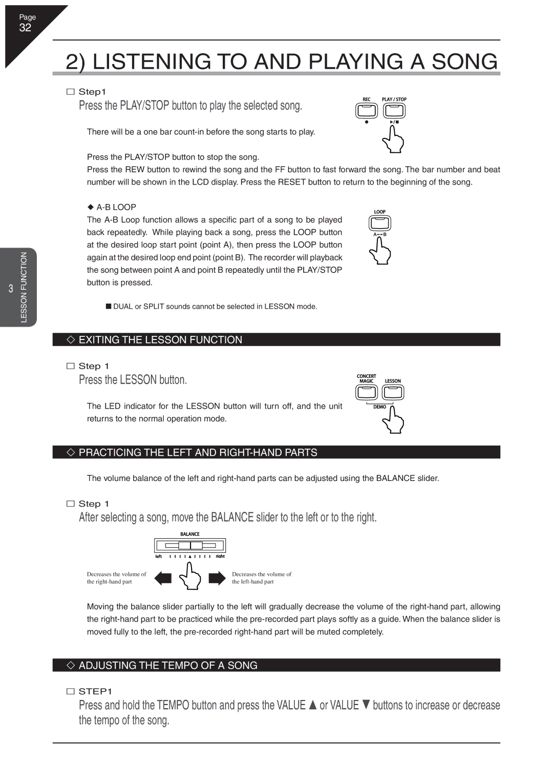 Kawai CN41 manual Listening to and Playing a Song, Press the PLAY/STOP button to play the selected song 