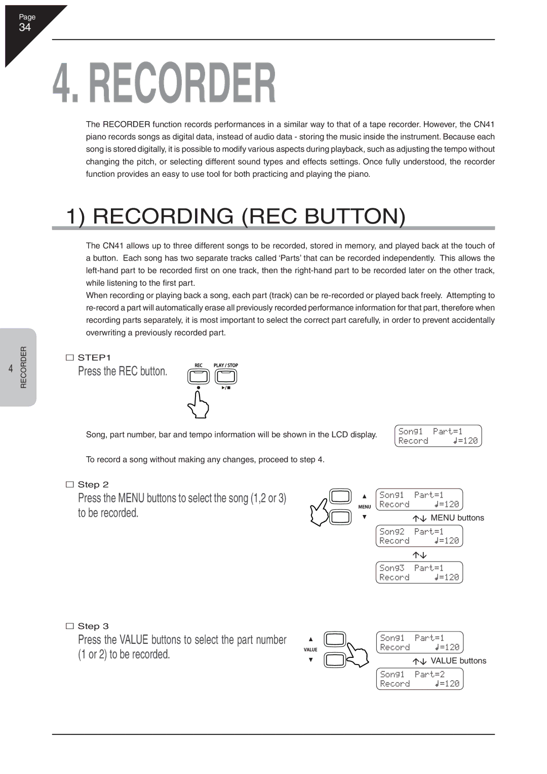 Kawai CN41 manual Recording REC Button, Press the Value buttons to select the part number, Or 2 to be recorded, Recorder 