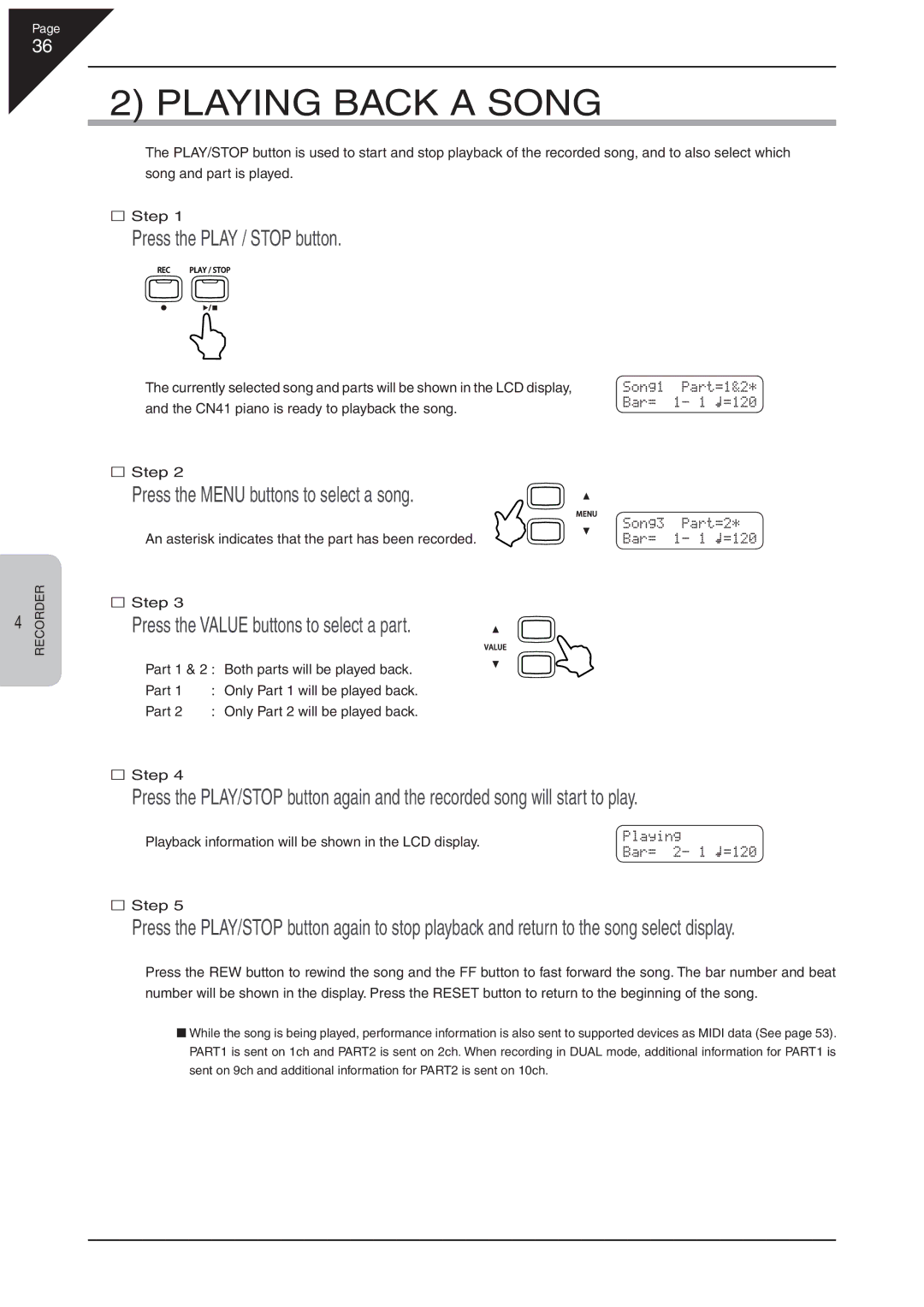 Kawai CN41 manual Playing Back a Song, Press the Play / Stop button, Press the Menu buttons to select a song 