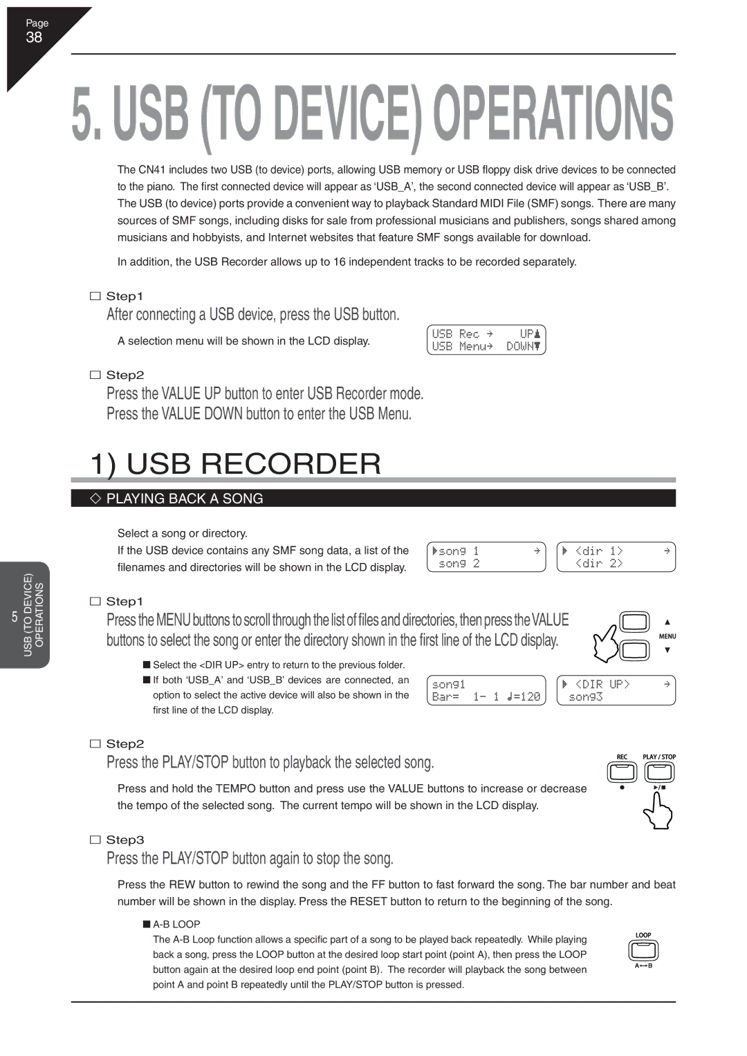 Kawai CN41 manual USB Recorder, After connecting a USB device, press the USB button, Playing Back a Song 