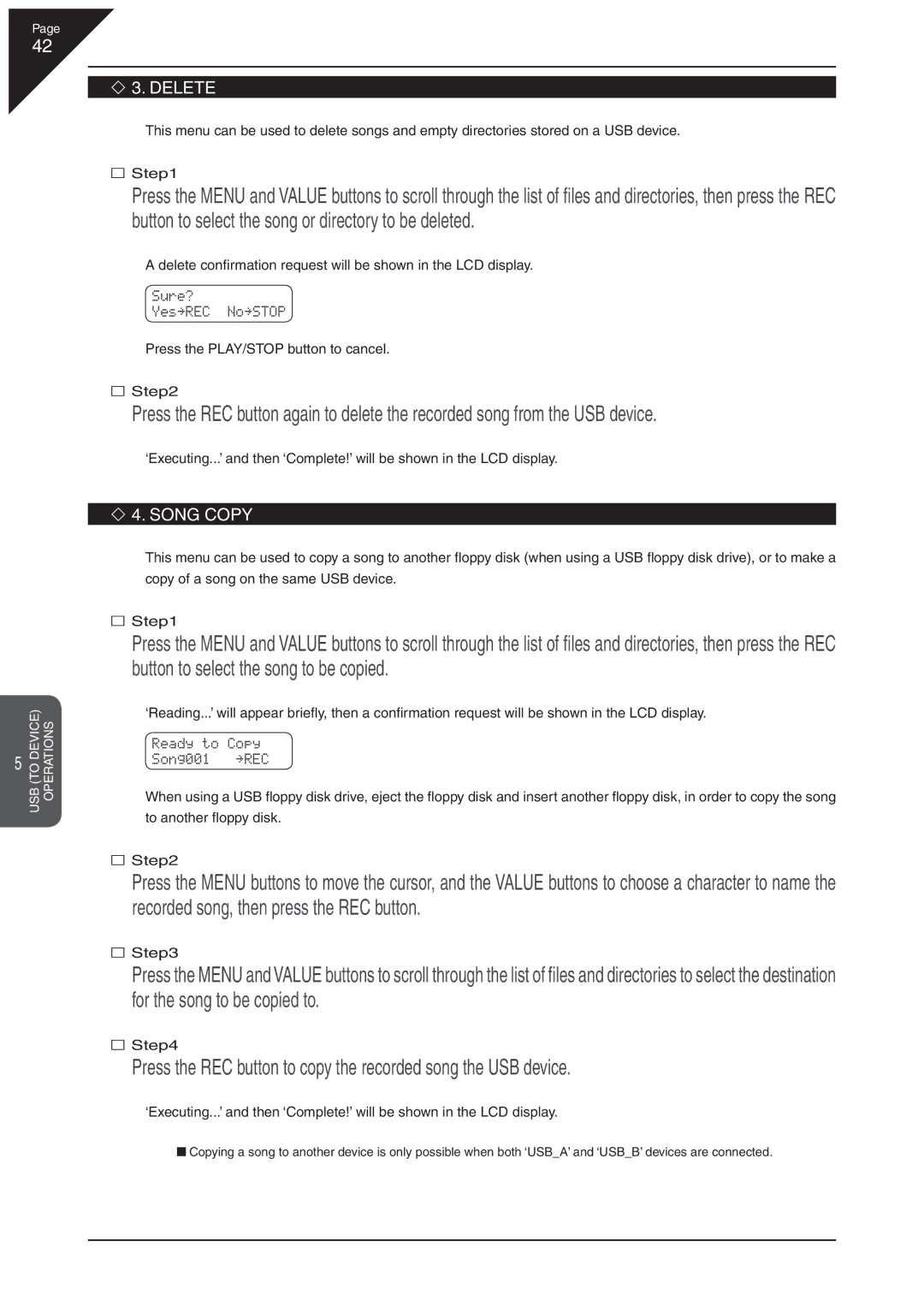 Kawai CN41 manual Delete, Song Copy 