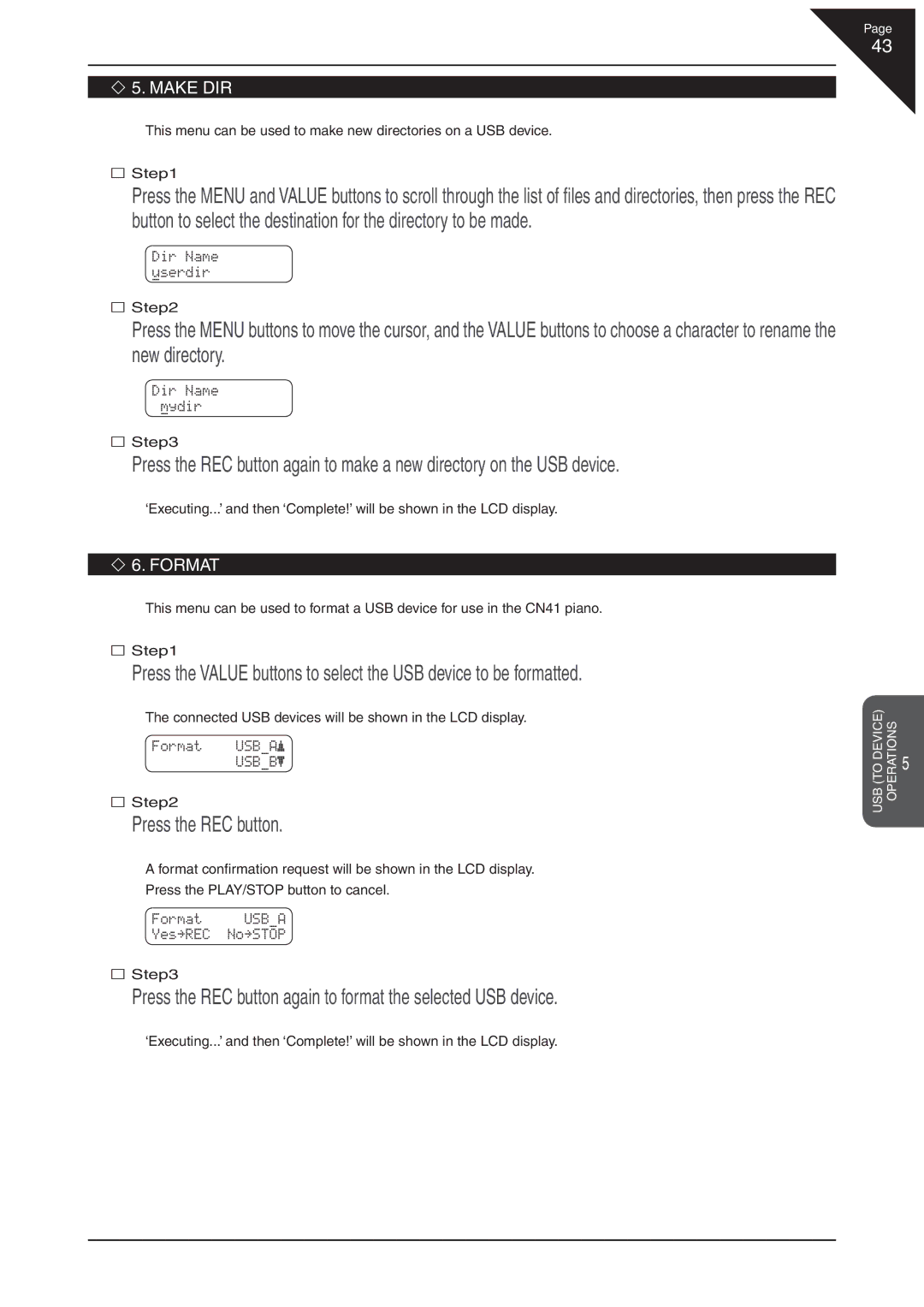 Kawai CN41 manual Make DIR, Format, Usbb 