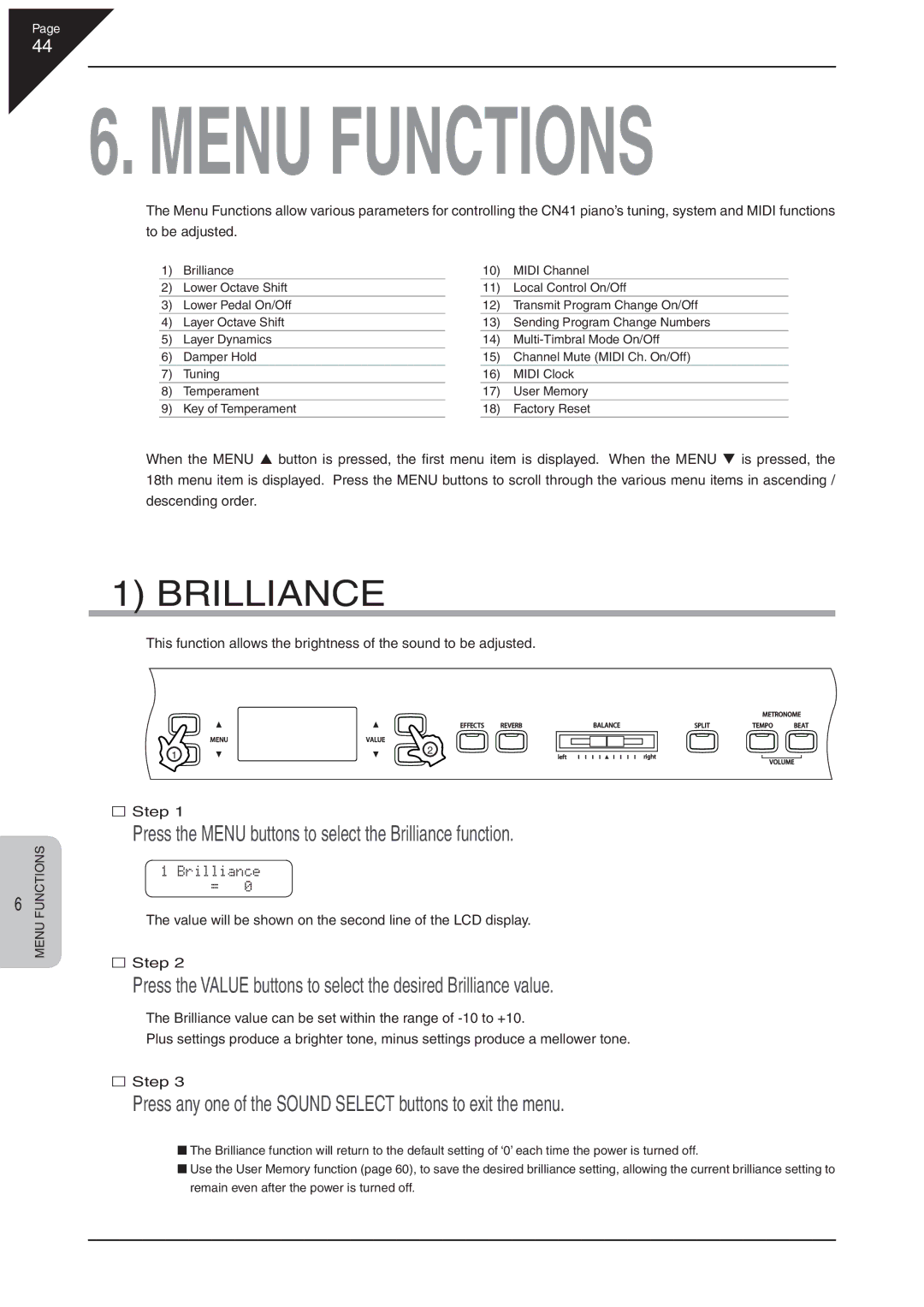 Kawai CN41 manual Press the Menu buttons to select the Brilliance function 