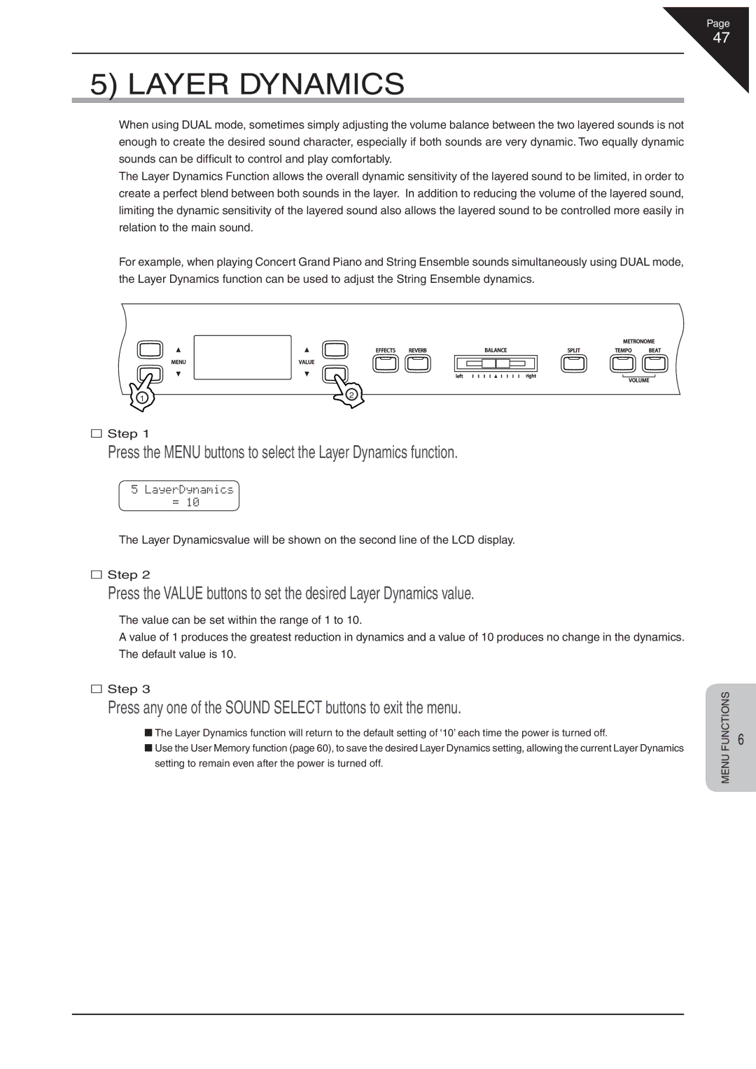 Kawai CN41 manual Press the Menu buttons to select the Layer Dynamics function 