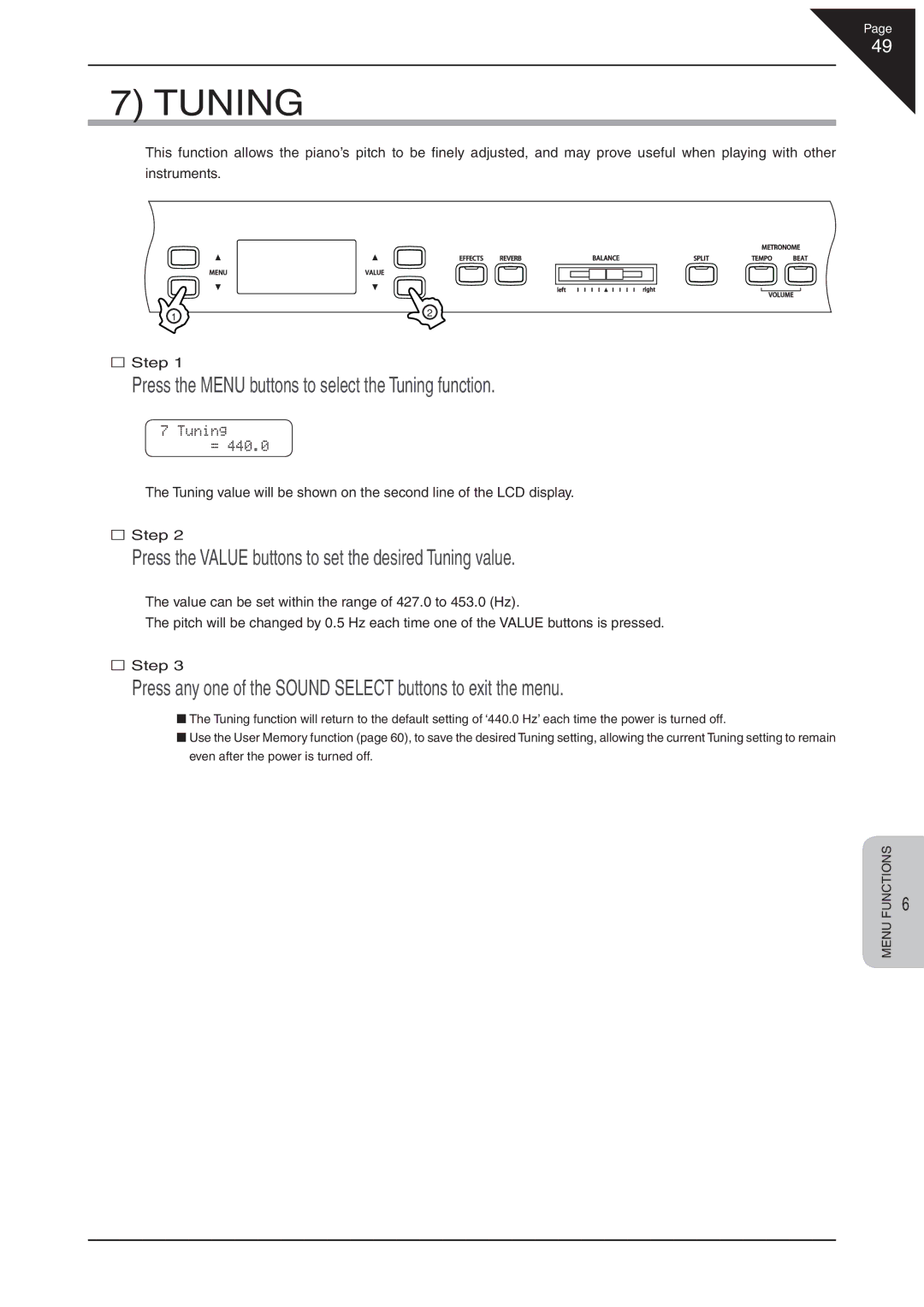 Kawai CN41 manual Press the Menu buttons to select the Tuning function 