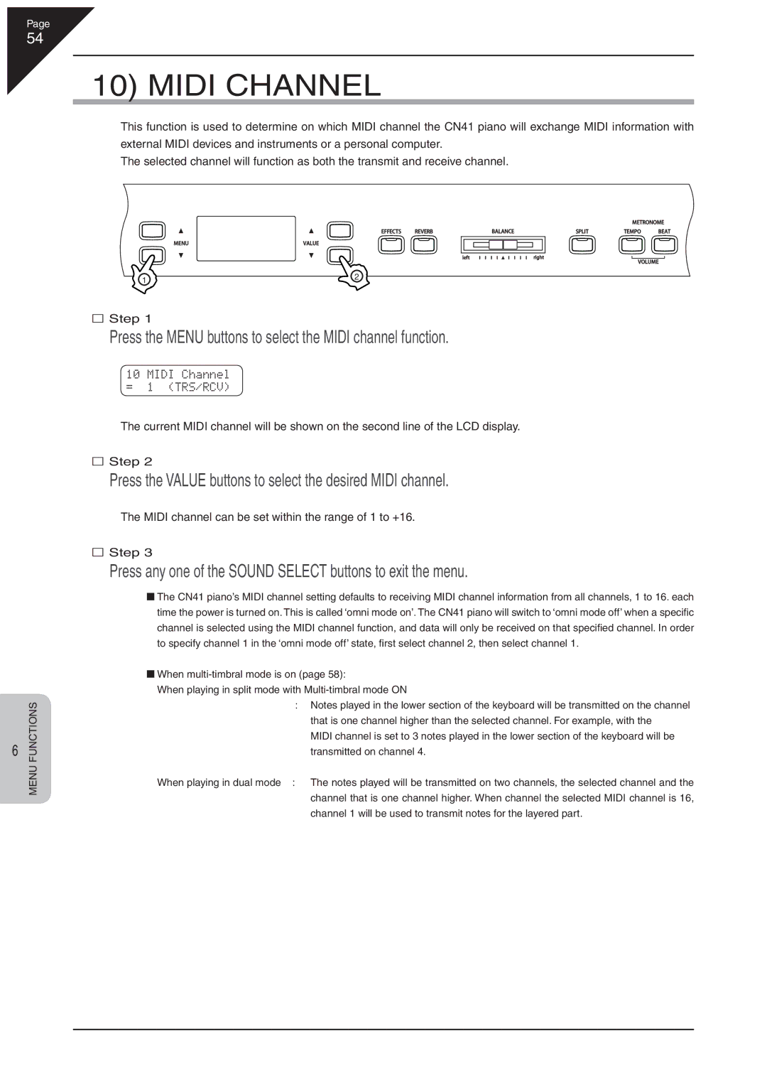 Kawai CN41 manual Midi Channel, Press the Menu buttons to select the Midi channel function 