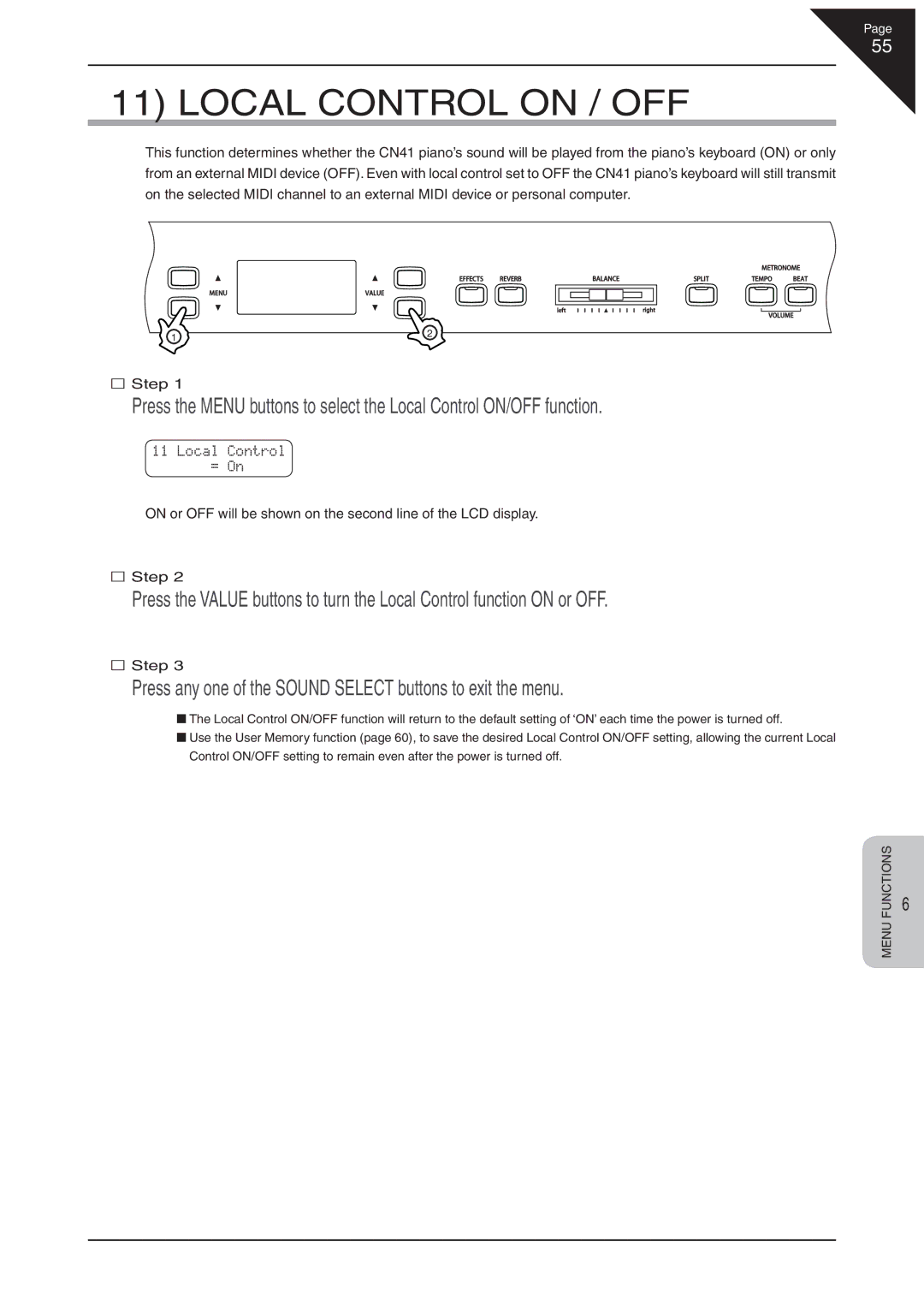 Kawai CN41 manual Local Control on / OFF 