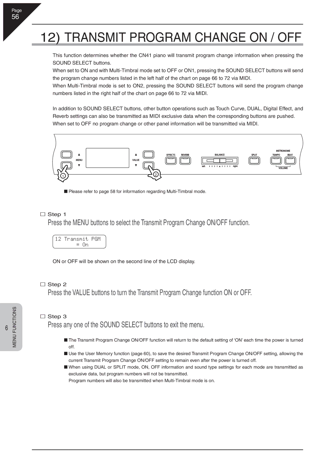 Kawai CN41 manual Transmit Program Change on / OFF 