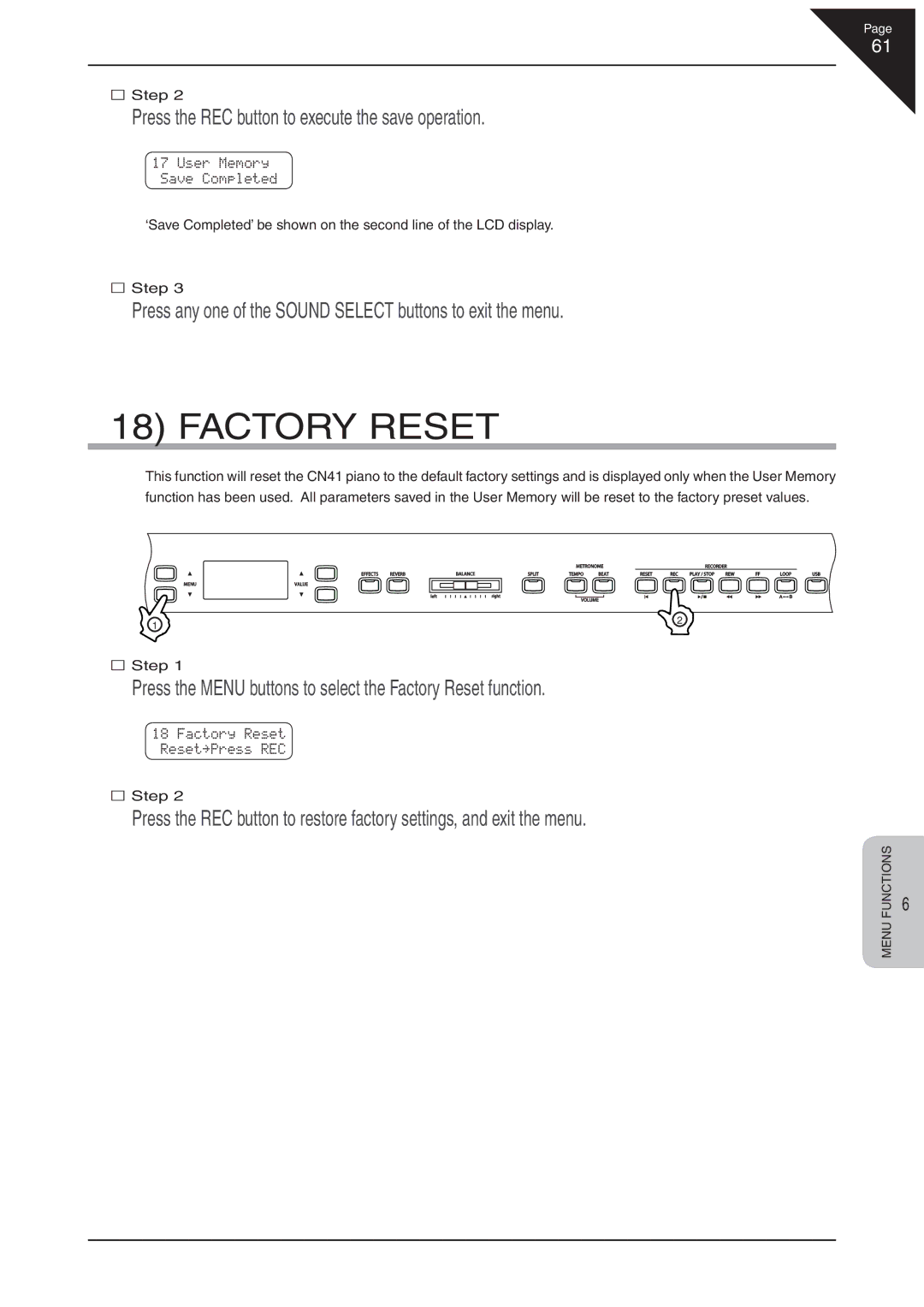 Kawai CN41 manual Factory Reset, Press the REC button to execute the save operation 