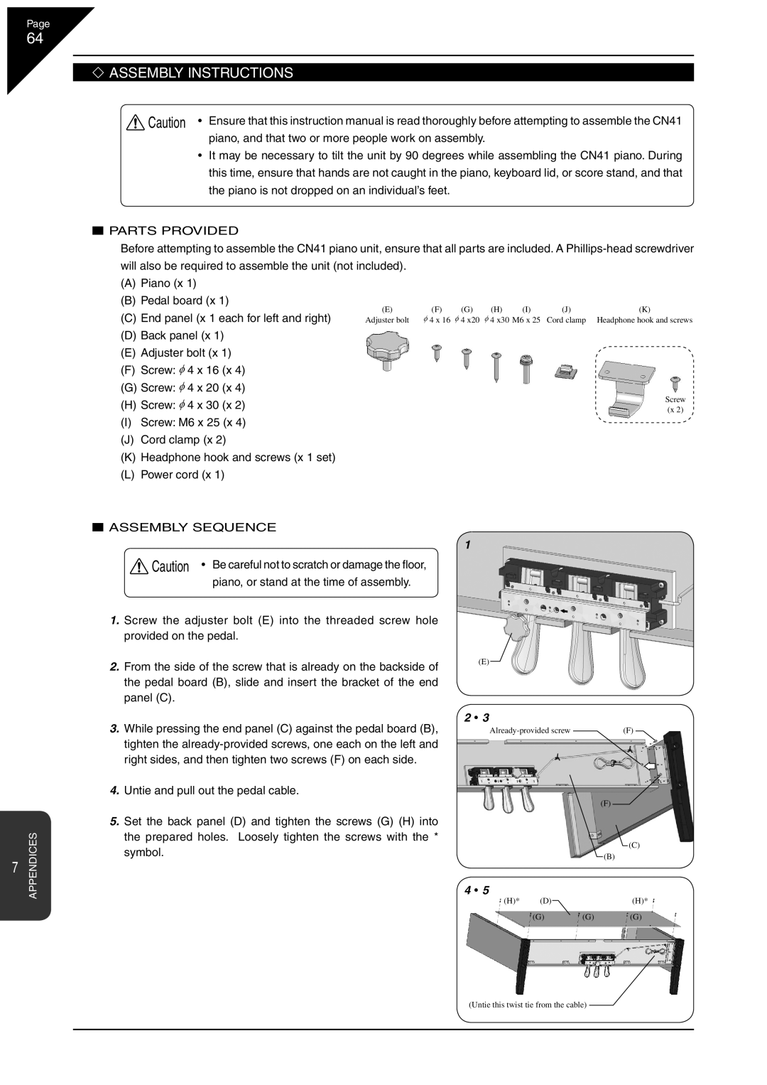 Kawai CN41 manual Assembly Instructions, Parts Provided, Assembly Sequence 