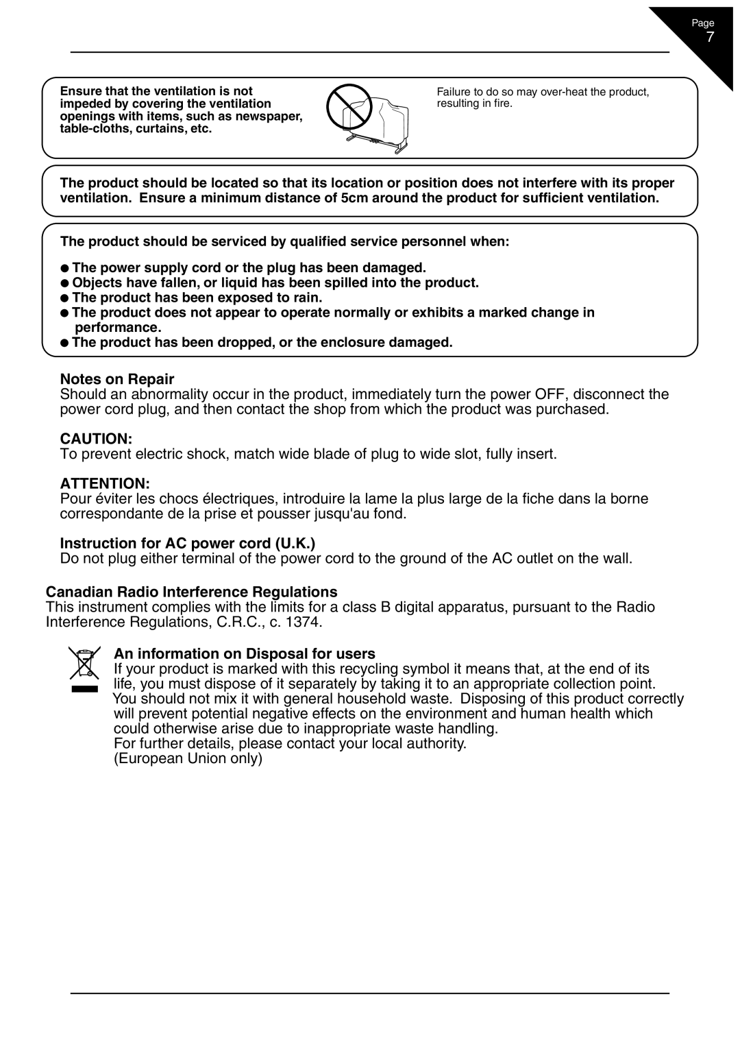 Kawai CN41 manual Instruction for AC power cord U.K 