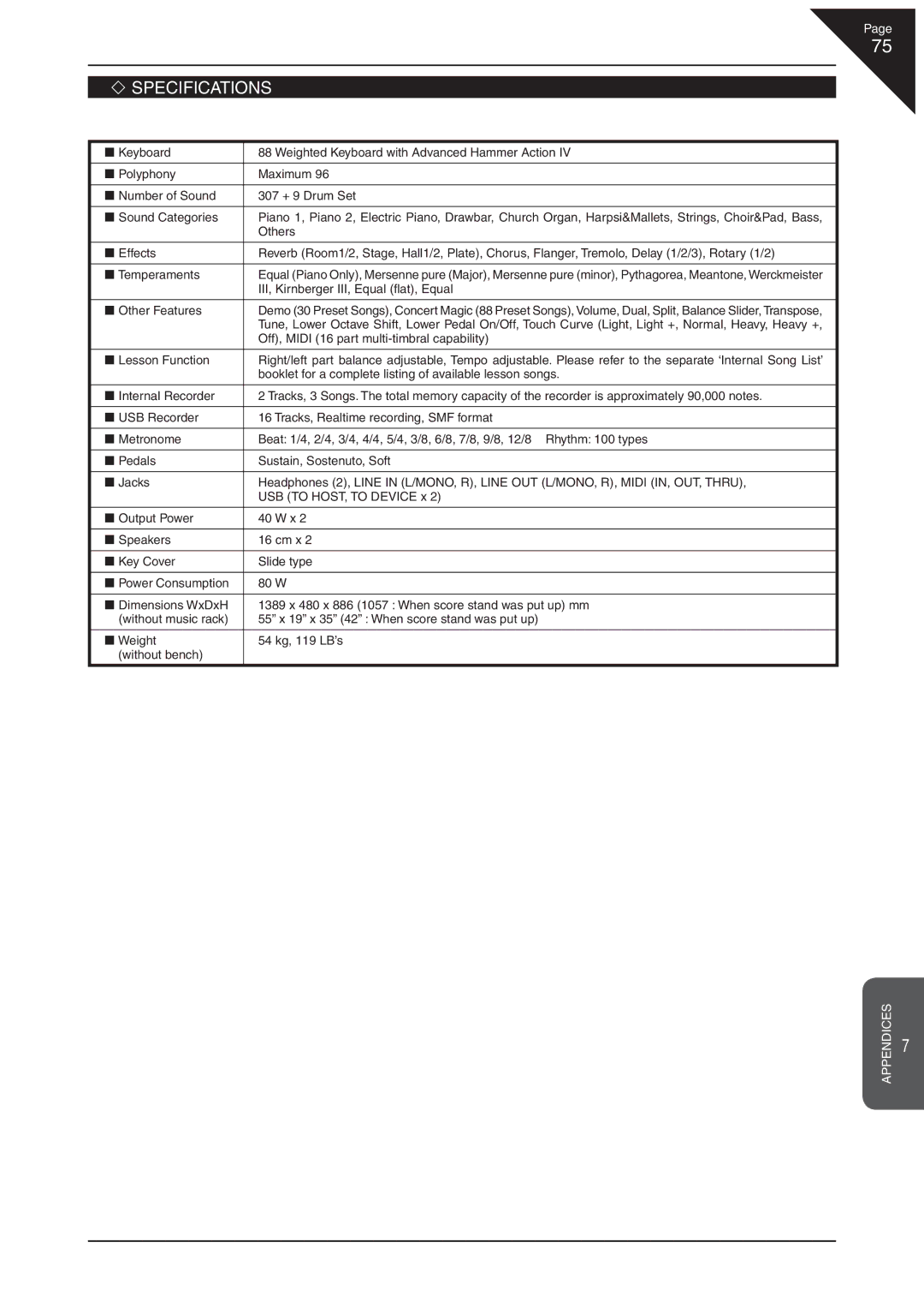 Kawai CN41 manual Specifications, Other Features 