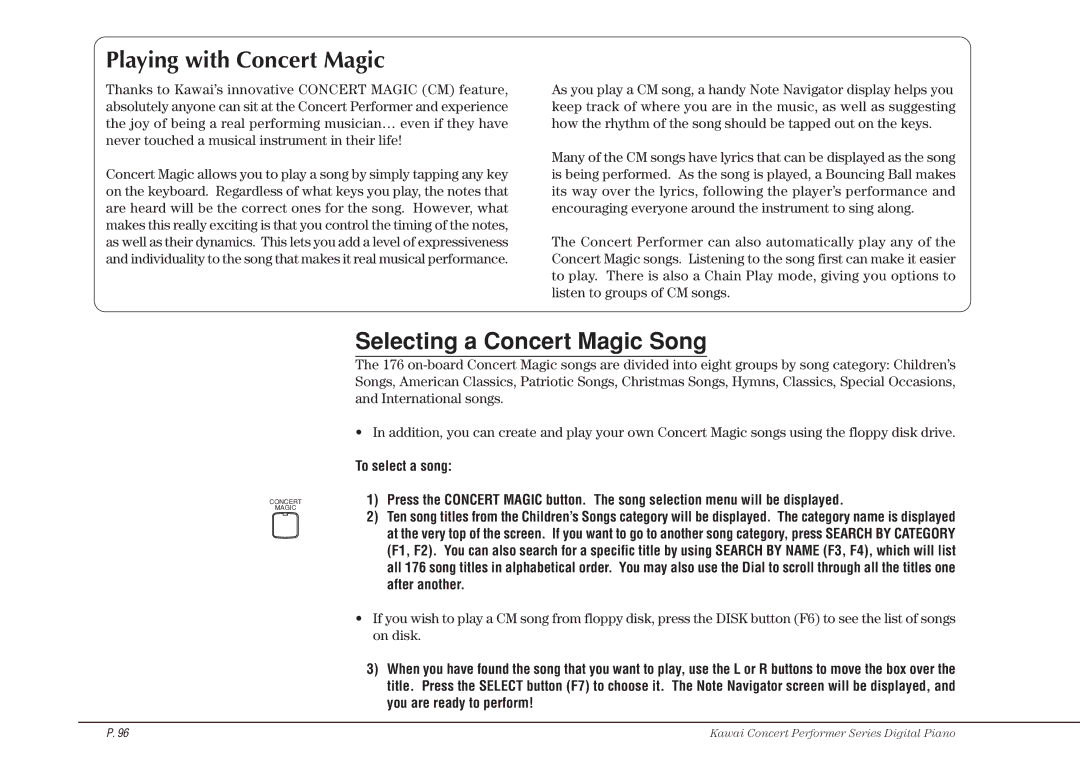 Kawai CP115 manual Playing with Concert Magic, Selecting a Concert Magic Song 