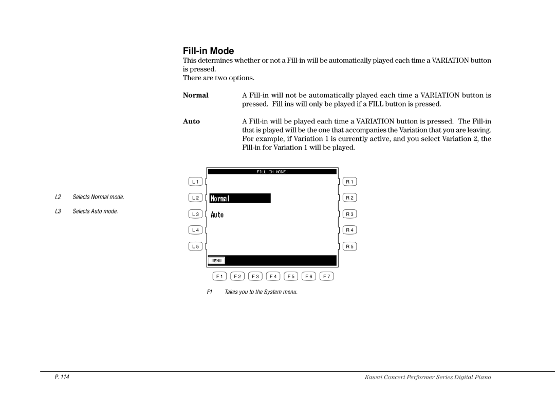 Kawai CP115 manual Fill-in Mode, Auto 