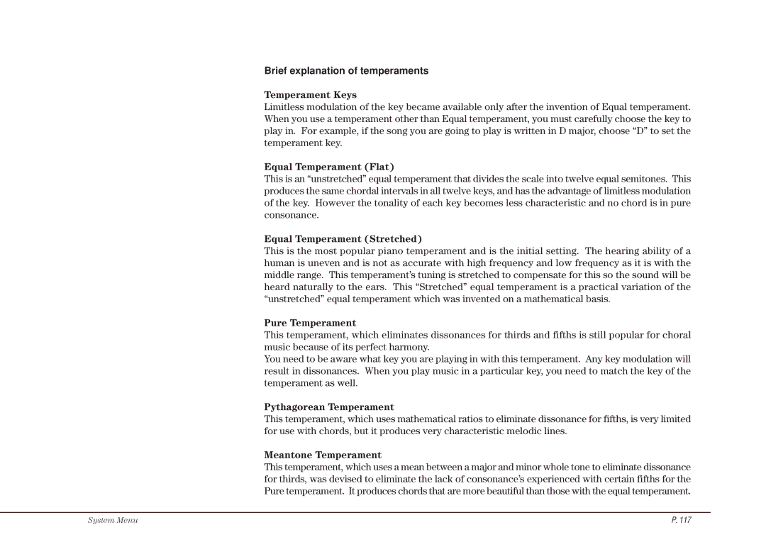 Kawai CP115 manual Brief explanation of temperaments 