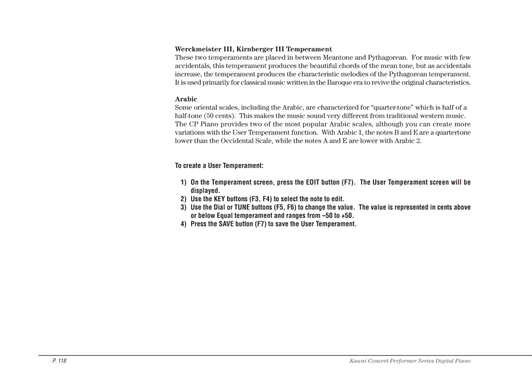 Kawai CP115 manual Werckmeister III, Kirnberger III Temperament, Arabic 