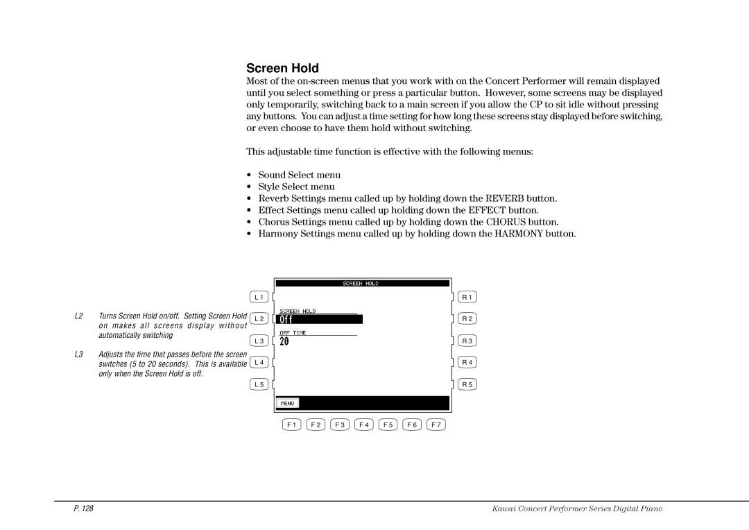 Kawai CP115 manual Screen Hold 