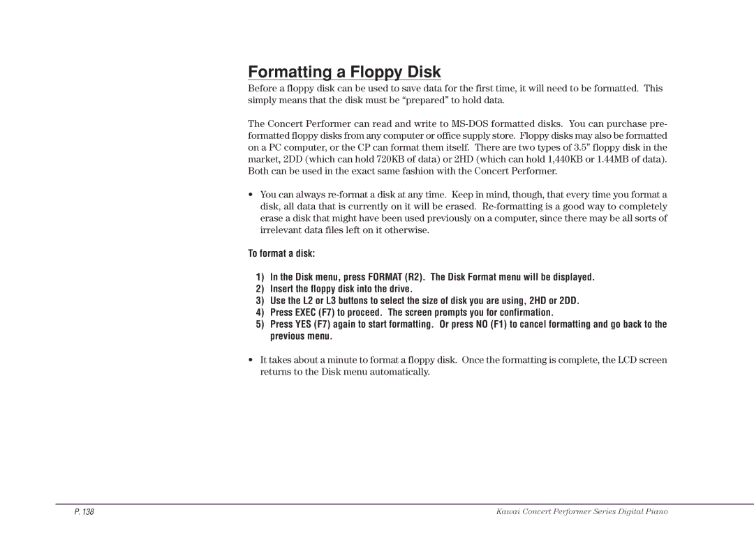 Kawai CP115 manual Formatting a Floppy Disk 