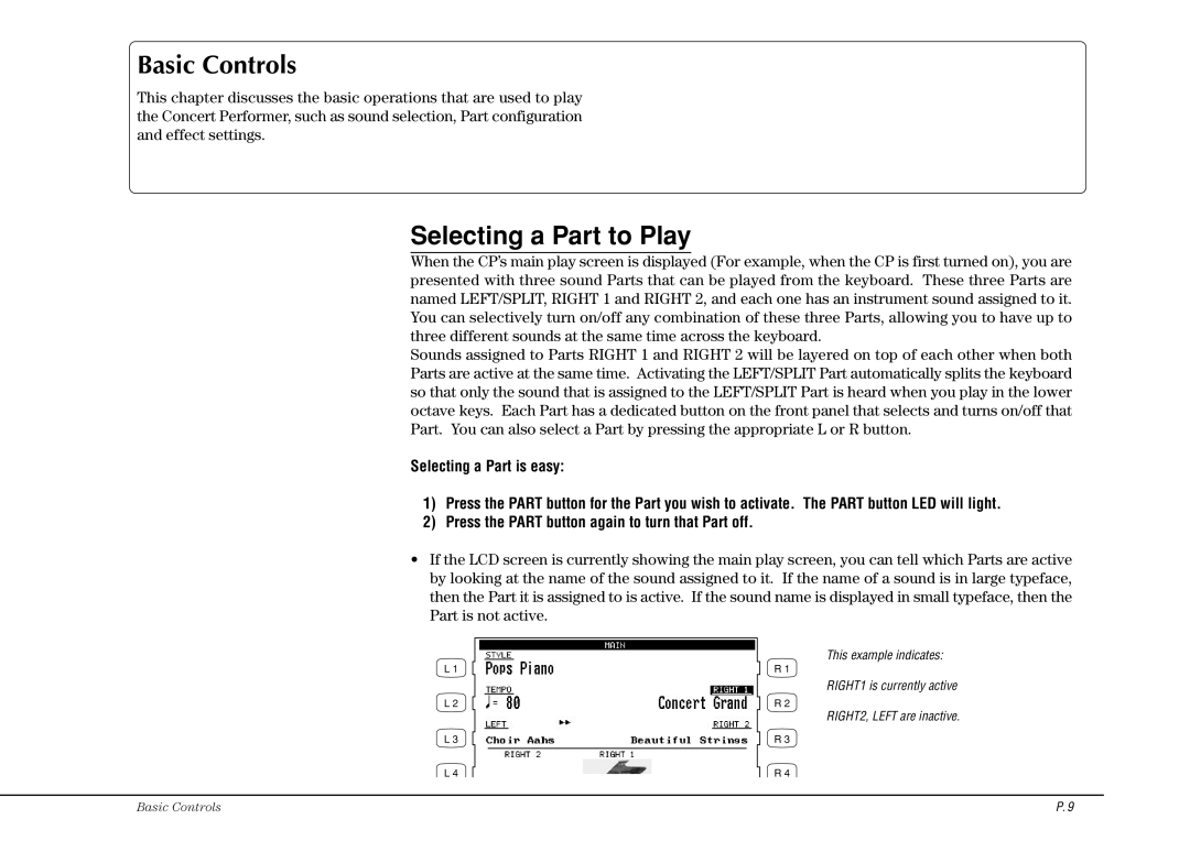 Kawai CP115 manual Basic Controls, Selecting a Part to Play 