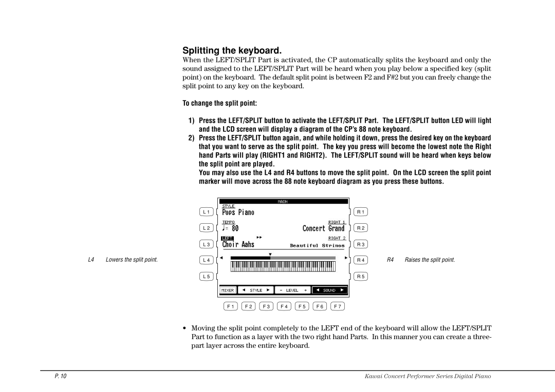 Kawai CP115 manual Splitting the keyboard, To change the split point 