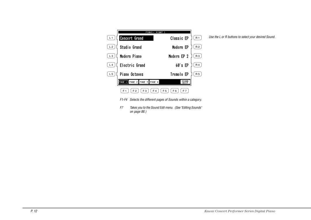 Kawai CP115 manual Use the L or R buttons to select your desired Sound 