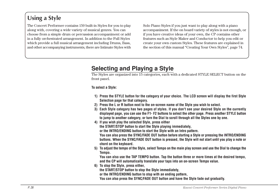 Kawai CP115 manual Using a Style, Selecting and Playing a Style 