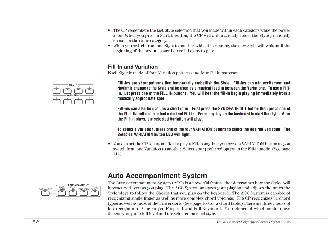 Kawai CP115 manual Auto Accompaniment System, Fill-In and Variation 