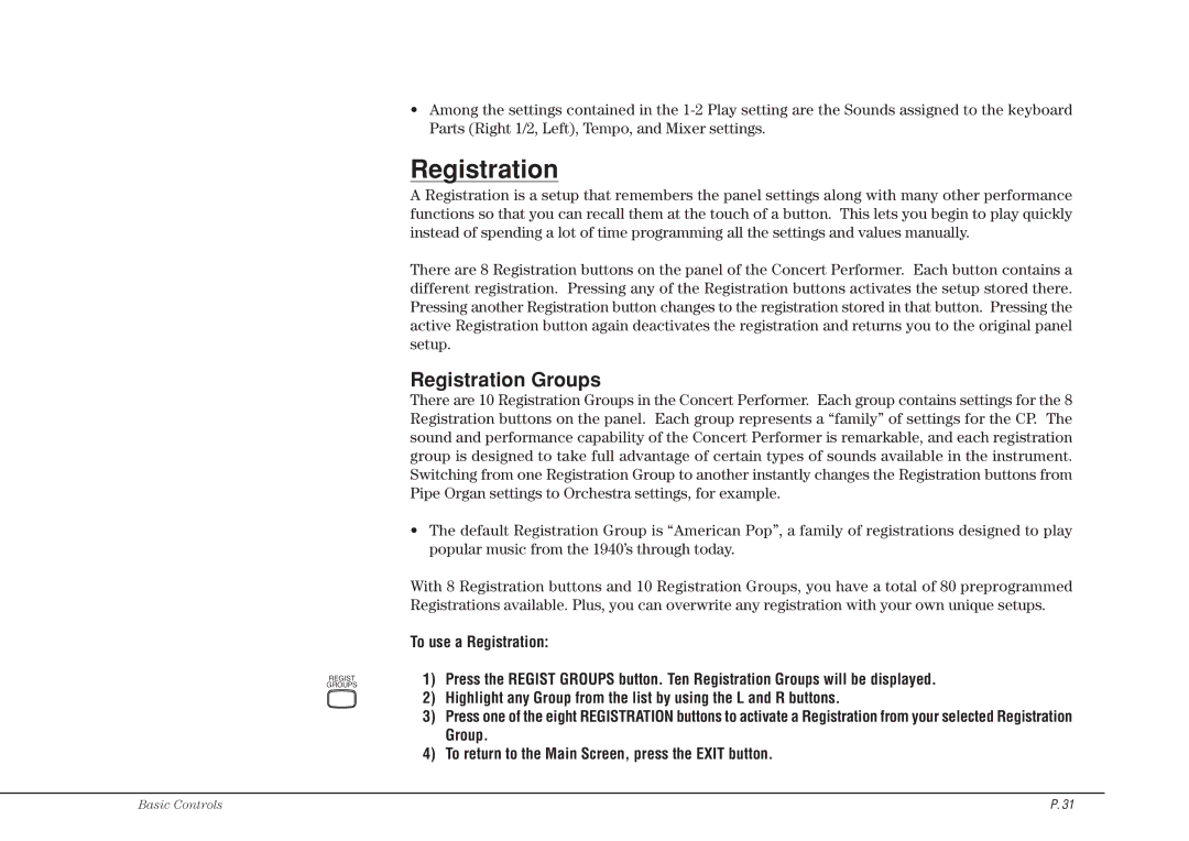 Kawai CP115 manual Registration Groups 