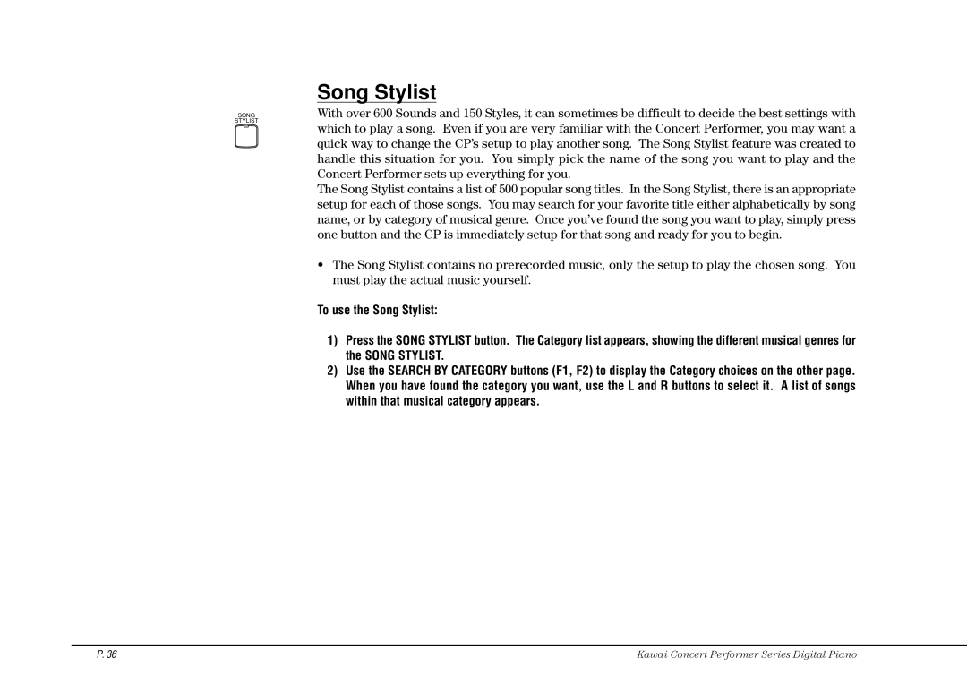 Kawai CP115 manual Song Stylist 