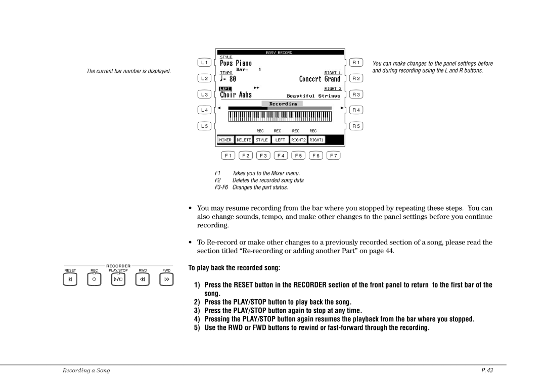 Kawai CP115 manual Recording a Song 