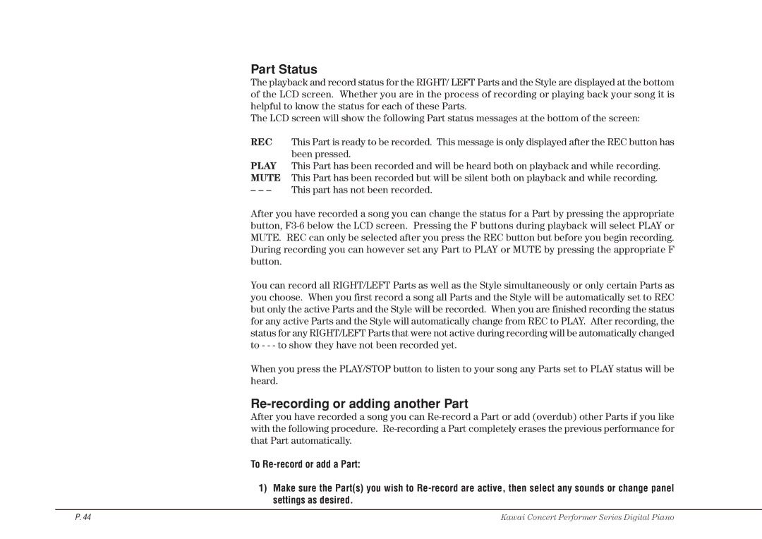 Kawai CP115 manual Part Status, Re-recording or adding another Part 