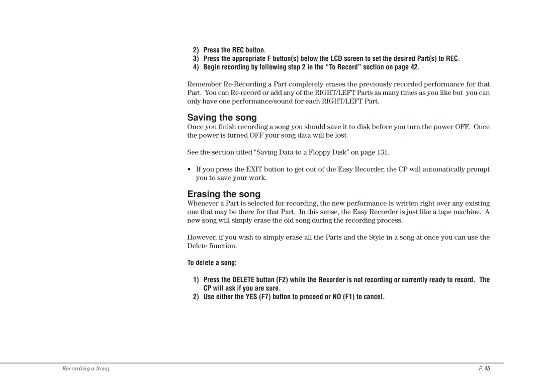 Kawai CP115 manual Saving the song, Erasing the song 