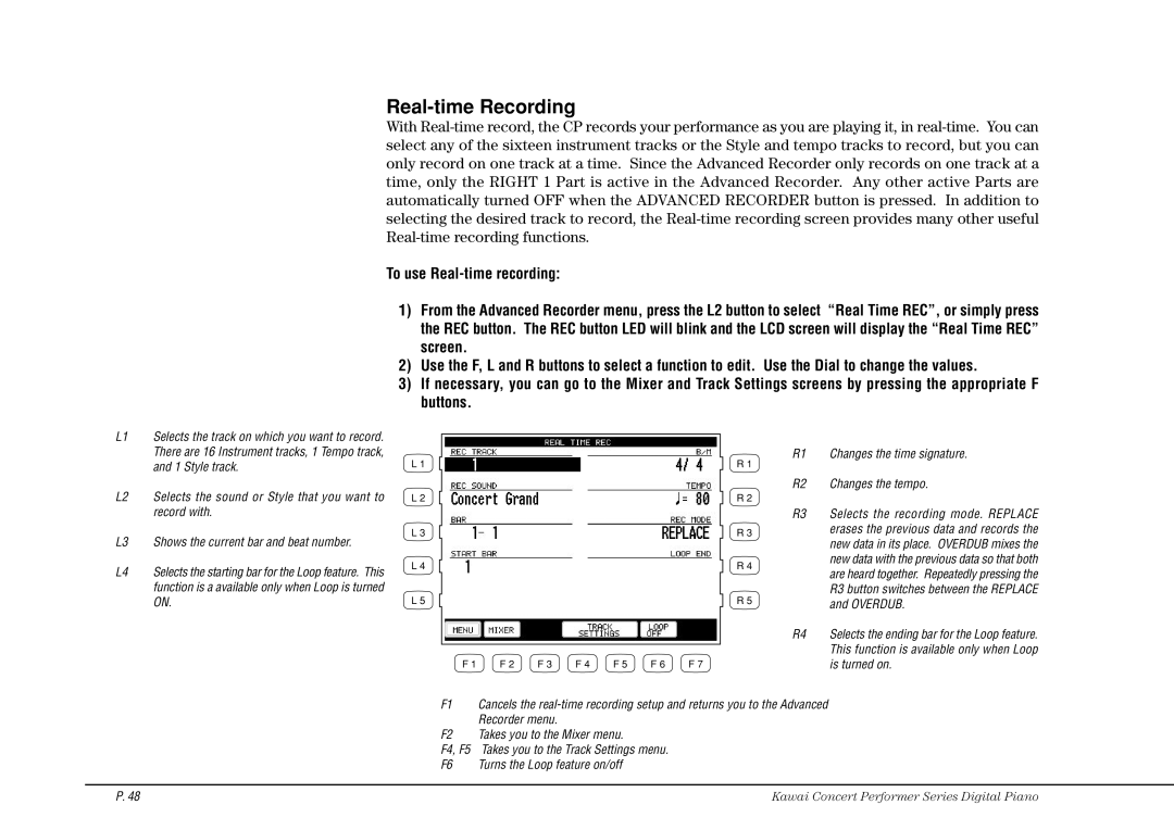 Kawai CP115 manual Real-time Recording, Selects the recording mode. Replace 