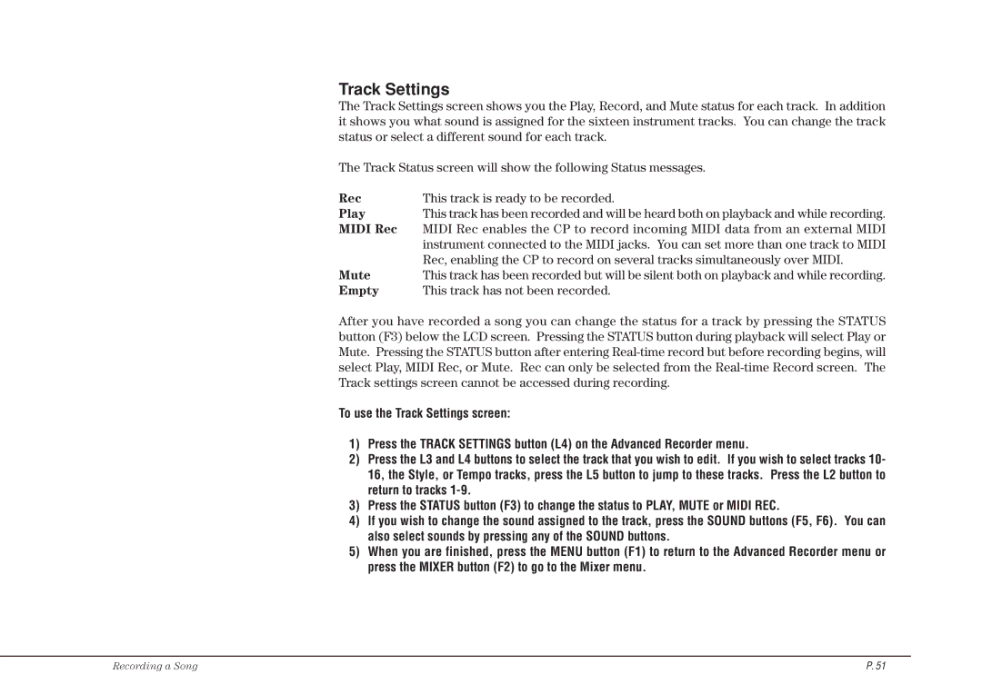 Kawai CP115 manual Track Settings, Rec This track is ready to be recorded Play, Midi Rec, Mute 