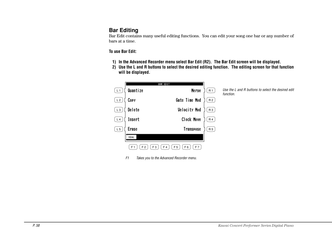 Kawai CP115 manual Bar Editing 