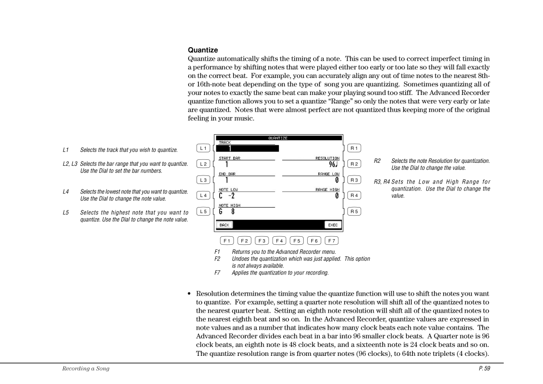 Kawai CP115 manual Quantize, L1 Selects the track that you wish to quantize 