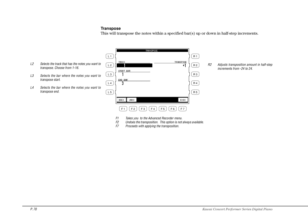 Kawai CP115 manual Transpose, Takes you to the Advanced Recorder menu 