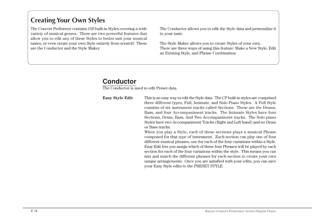 Kawai CP115 manual Conductor, Easy Style Edit 