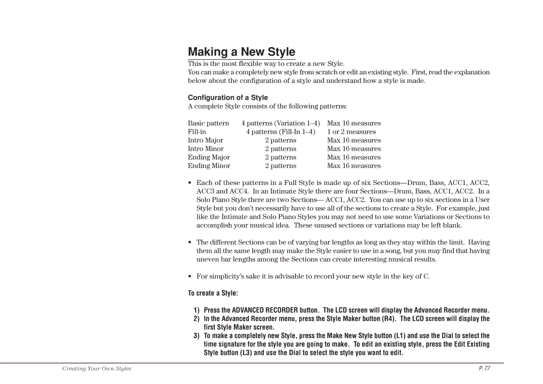 Kawai CP115 manual Making a New Style, Configuration of a Style, To create a Style 