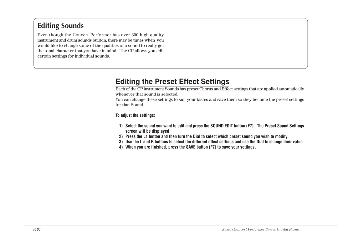 Kawai CP115 manual Editing Sounds, Editing the Preset Effect Settings 