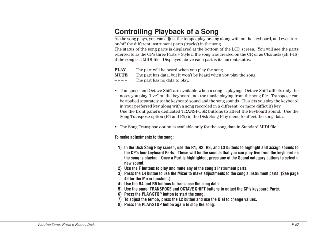 Kawai CP115 manual Controlling Playback of a Song 