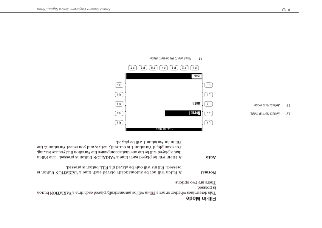 Kawai CP117 manual Mode in-Fill, P Mode Auto Selects Mode Normal Selects 